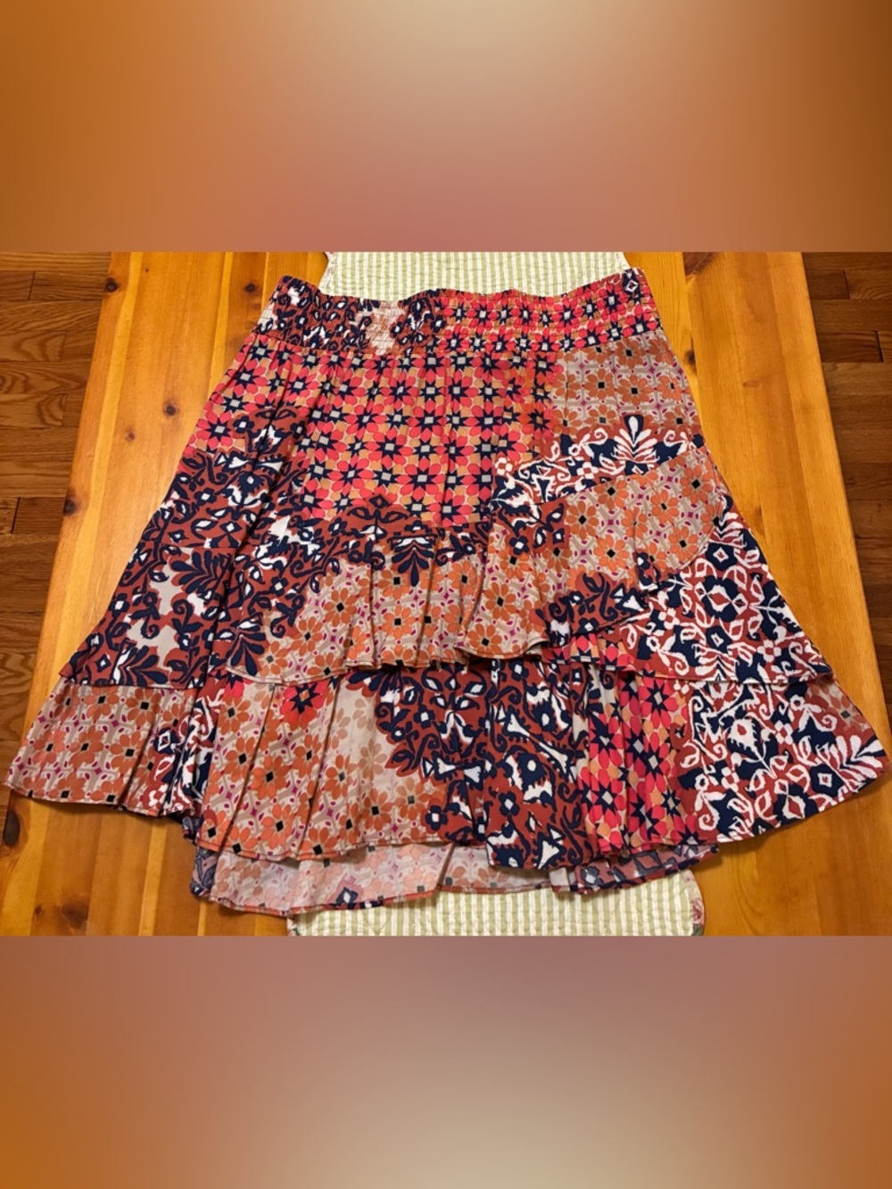 CAbi Coral, Navy & White Patterned Circle Skirt